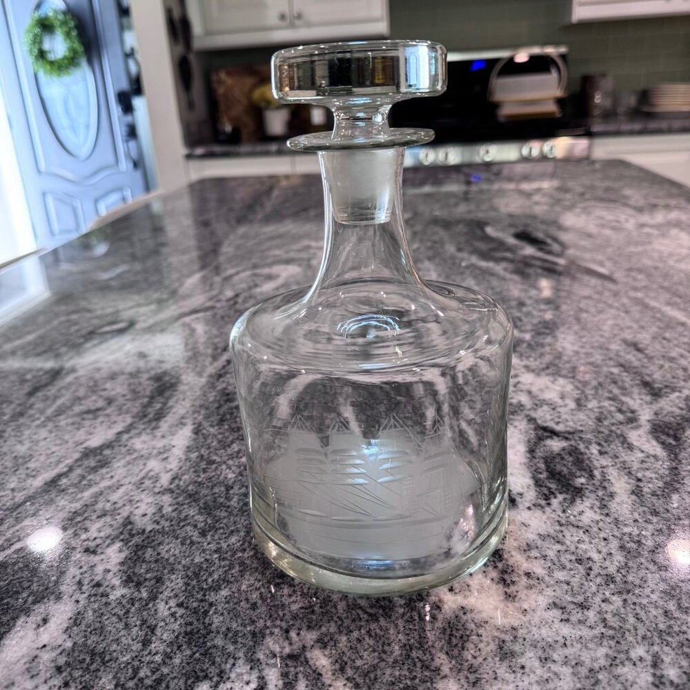 Vintage Tuscany Clipper Etched Ship Glass Decanter and 3 Footed Whiskey Glasses